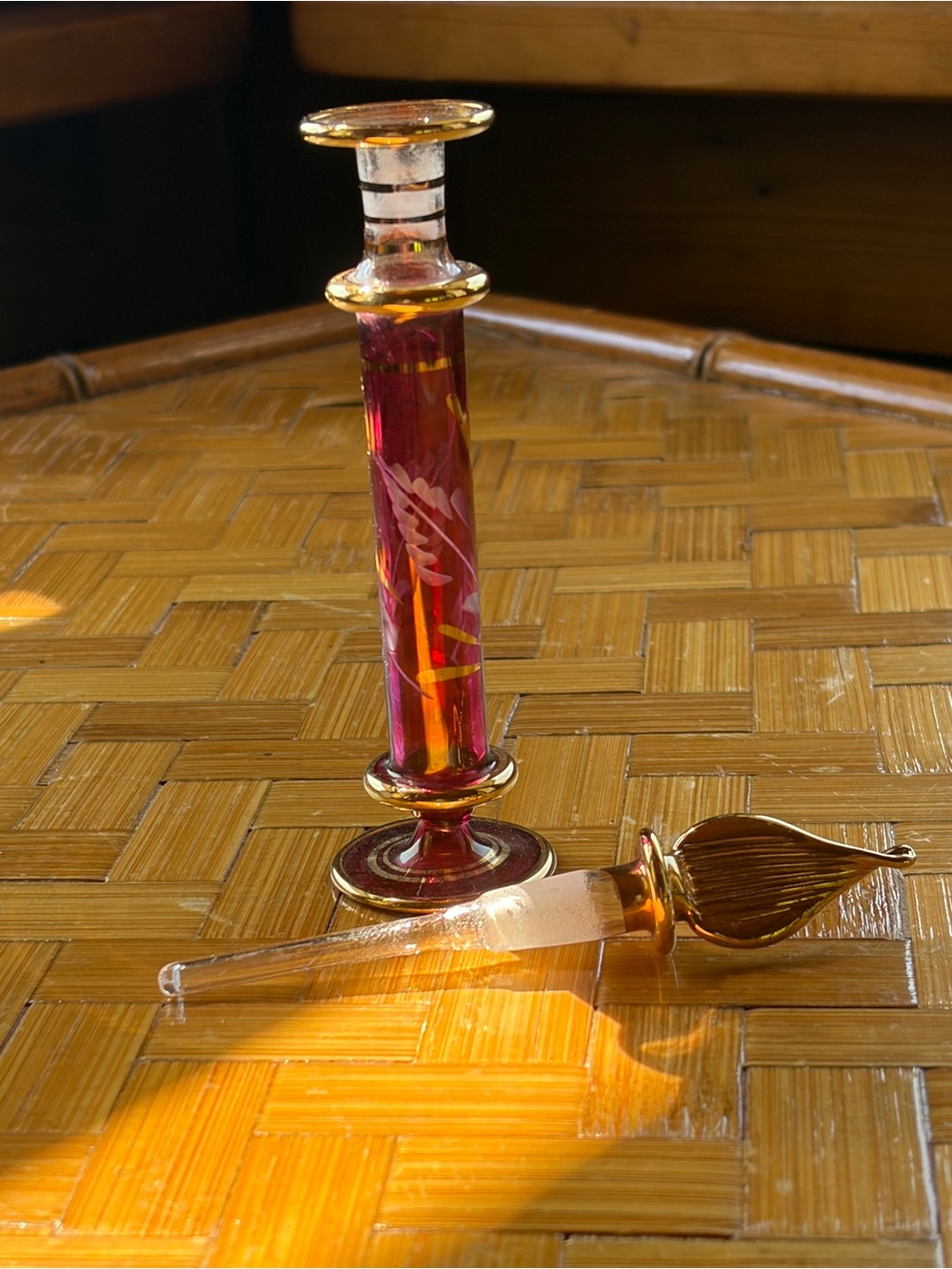 Vintage Ruby Red Glass Perfume Bottle Gold Trim Enamel Floral Stopper 6.25” - Picture 2 of 10